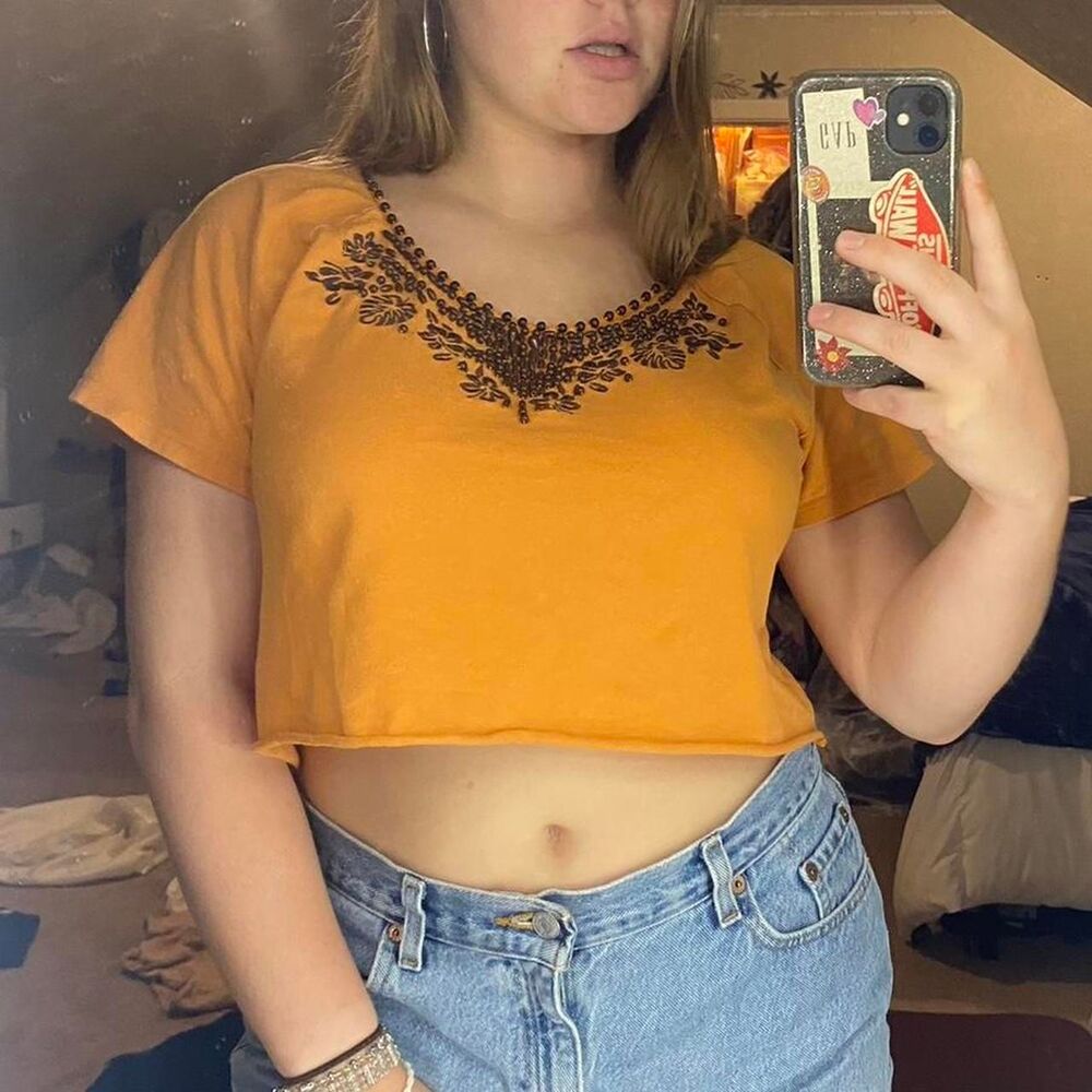 brown hibiscus beaded orange shirt